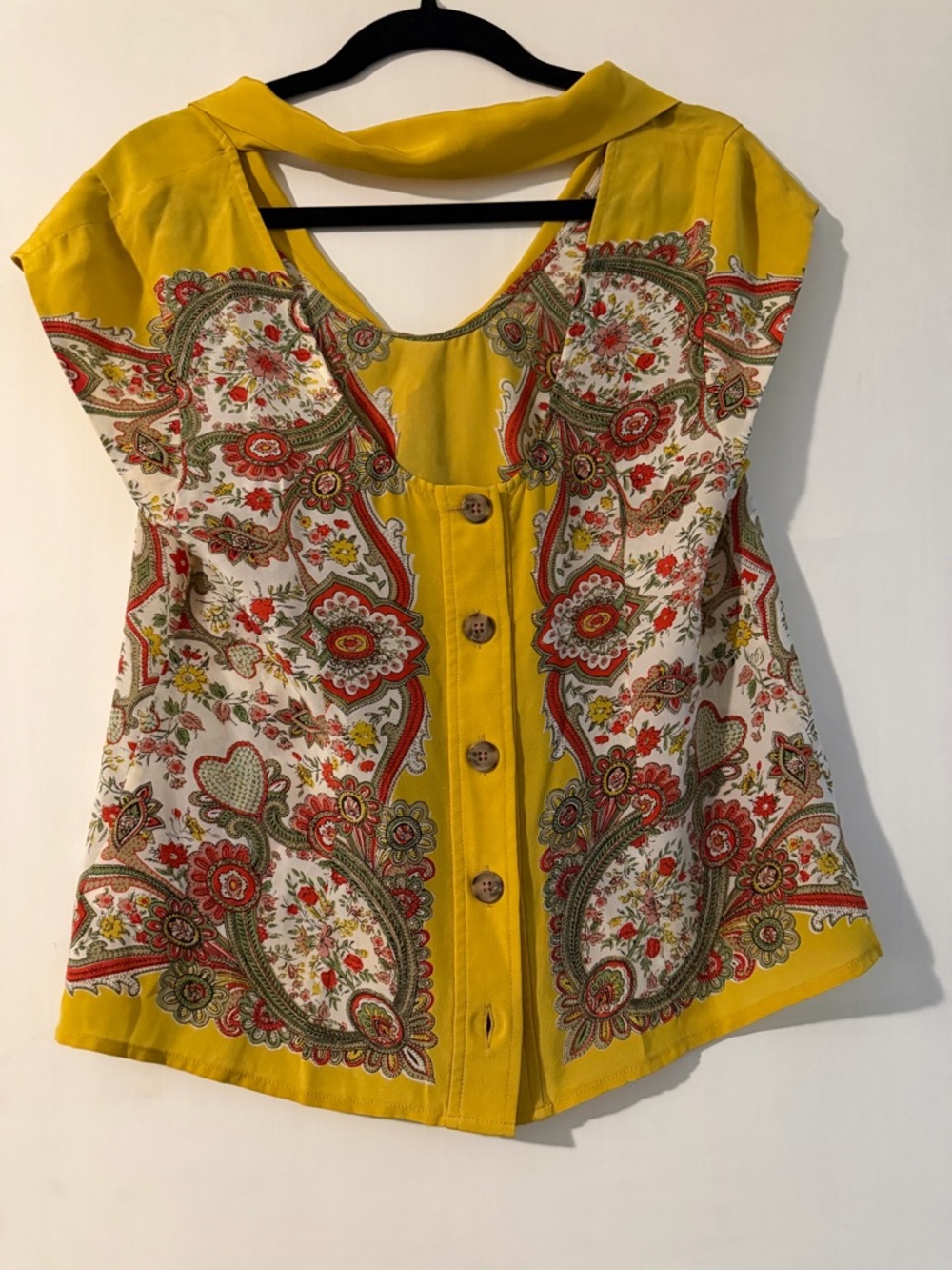 Yellow Paisley Tie-Neck Women's Top with Open Back - Picture 2 of 4